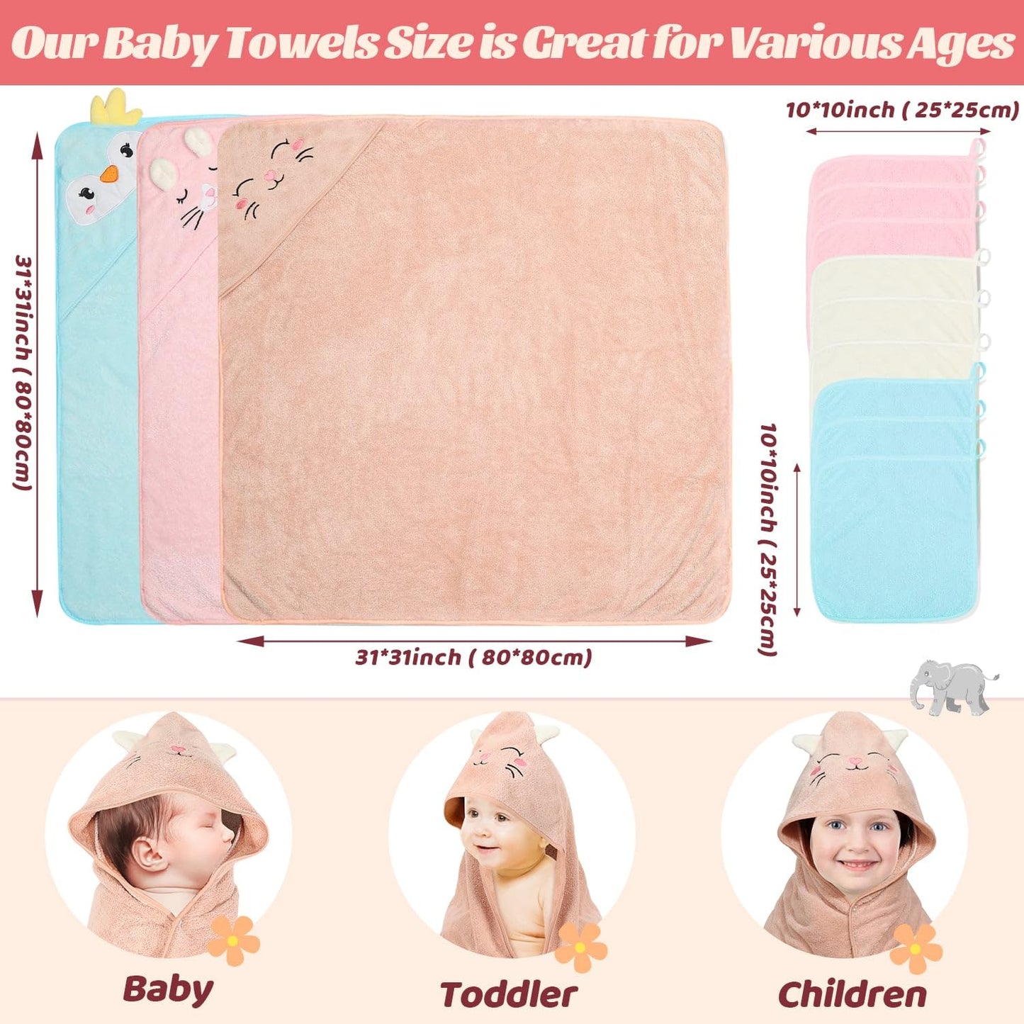 12 Pcs Hooded Baby Towels, Soft Baby Towels, Absorbent Baby Bath Towels, 3 Pcs Baby Towels, And 9 Pcs Baby Washcloths For Newbor