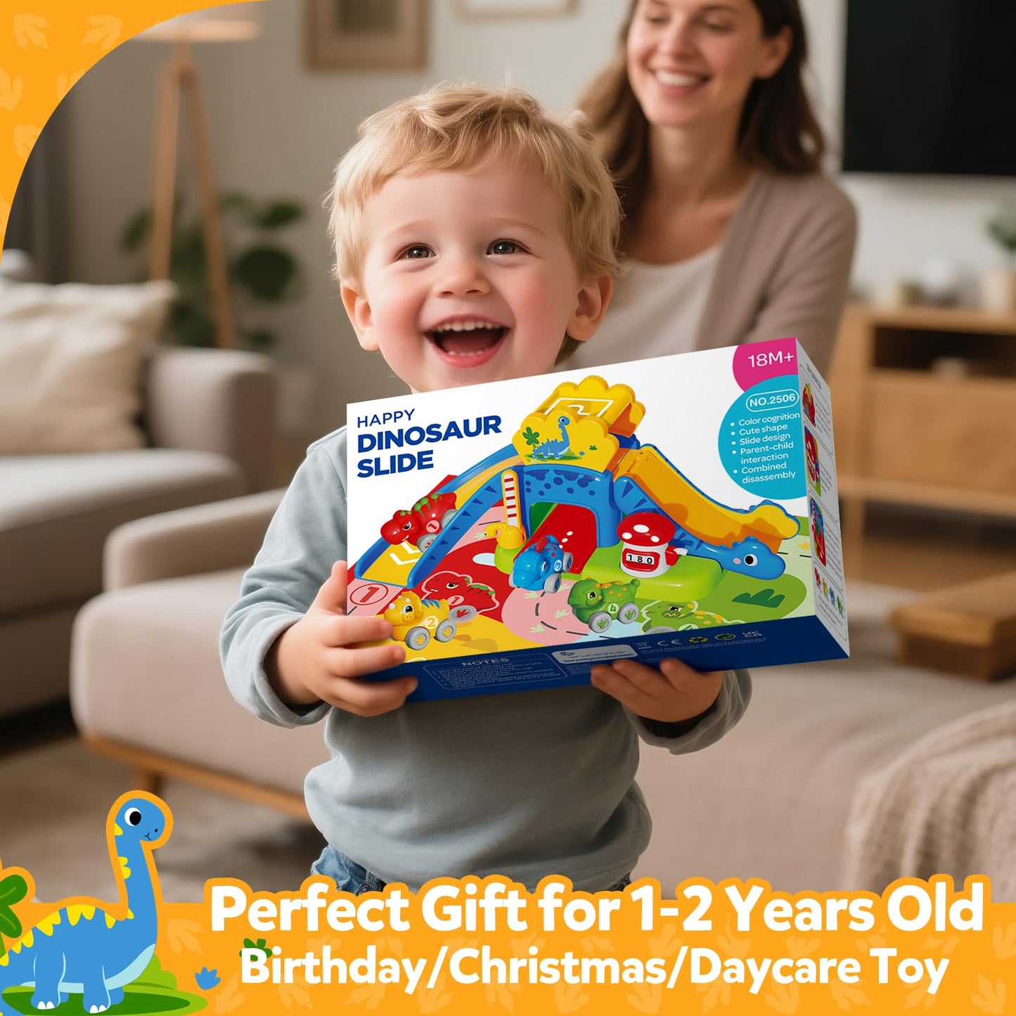 Toddler Toys for 1 Year Old Boy Gifts - Educational Dinosaur Slide Set with 4 Color/Number Push Cars and Playmat, Montessori Lea