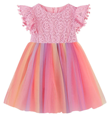 Rjxdlt Toddler Girl Dress Baby Girl Tulle Dress Flutter Sleeve Tutu Flower Girl Dress 6 Years Pink Rainbow 396