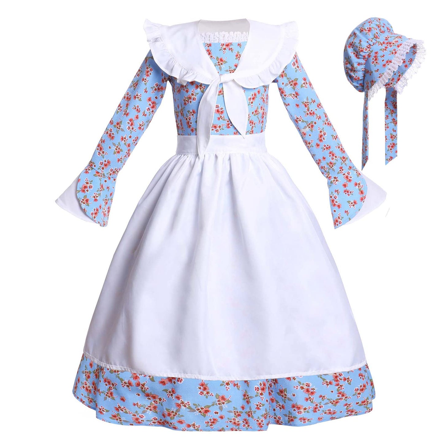 Vibsion Girls Prairie Pioneer Costume Pilgrim Dress Kids Floral Colonial Village Girl Costume Bonnet Apron Set Blue Xxl