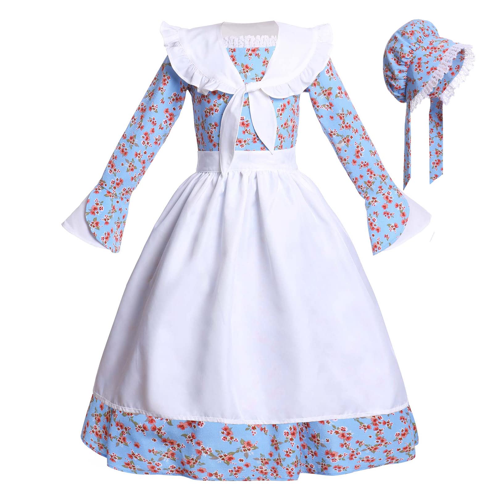 Vibsion Girls Prairie Pioneer Costume Pilgrim Dress Kids Floral Colonial Village Girl Costume Bonnet Apron Set Blue Xxl