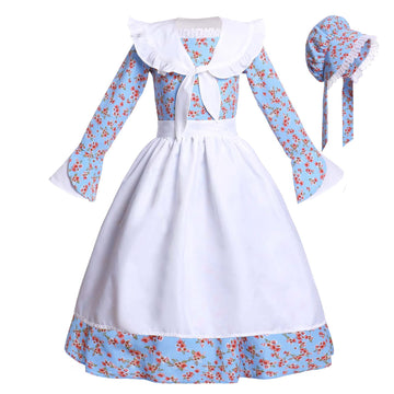 Vibsion Girls Prairie Pioneer Costume Pilgrim Dress Kids Floral Colonial Village Girl Costume Bonnet Apron Set Blue Xxl