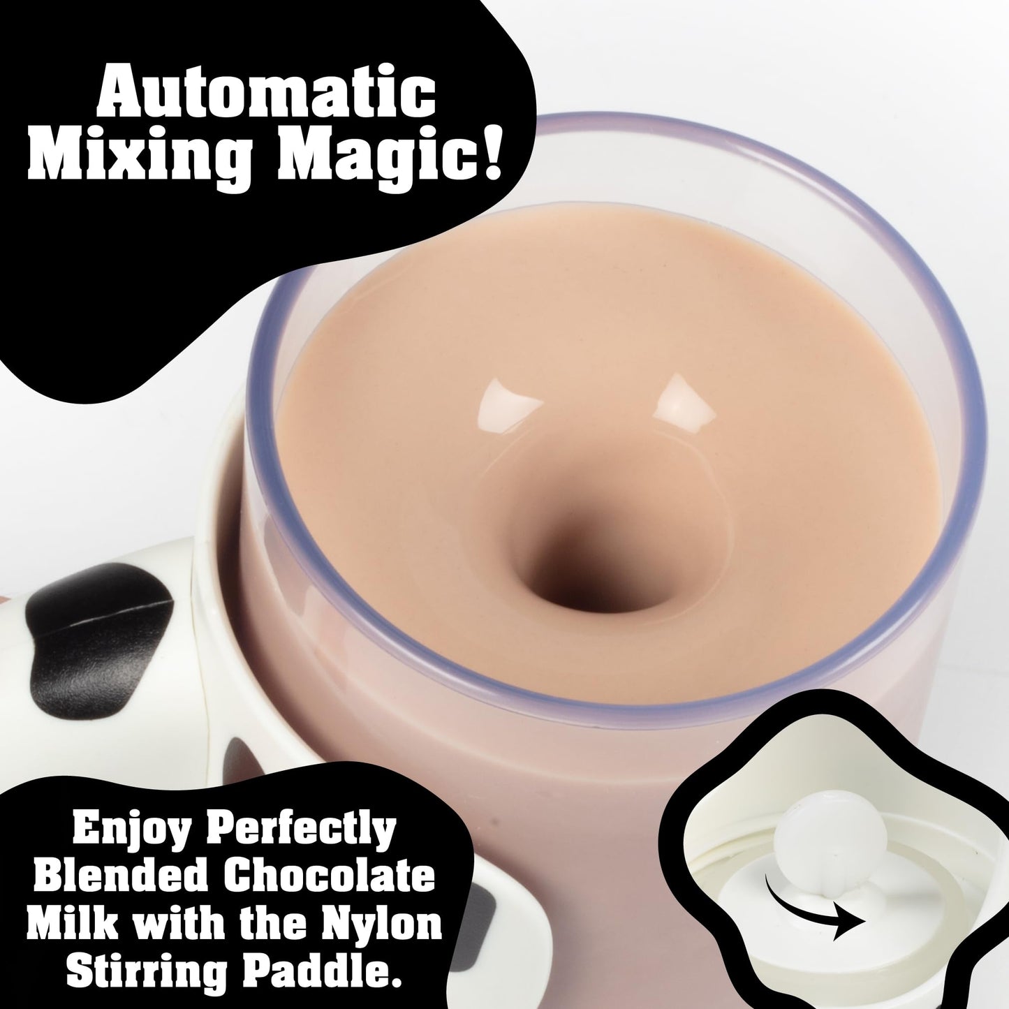 Hog Wild Moo Mixer Supreme Chocolate Milk Mixer Mug - 16 Oz Cup + No Spill Sip Lid & Easy To Clean Detachable Base - Automatical