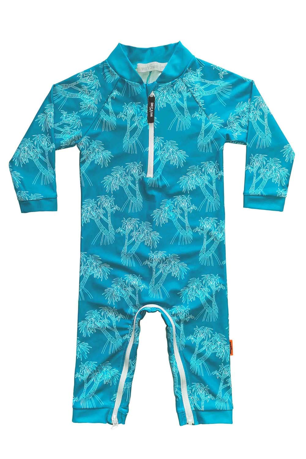 Wevswe Baby Toddler Sun Protection Rash Guard Swimsuit With Crotch Zipper Tree Peacock Blue Bathing Suit 12-18 Months