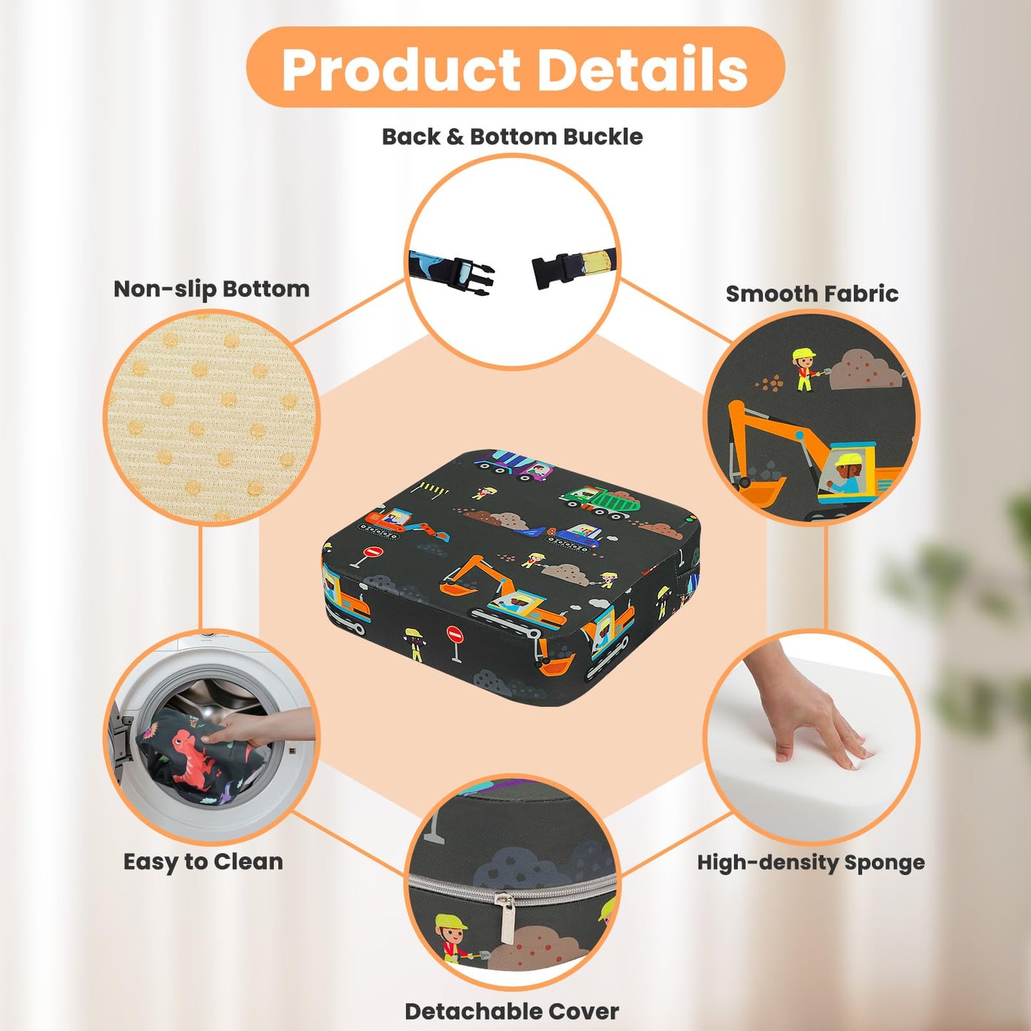 Wooshwa Toddler Booster Seat For Dining Table, Kids Booster Seat For Kitchen Chair With Non-Slip Bottom, Portable Detachable Was