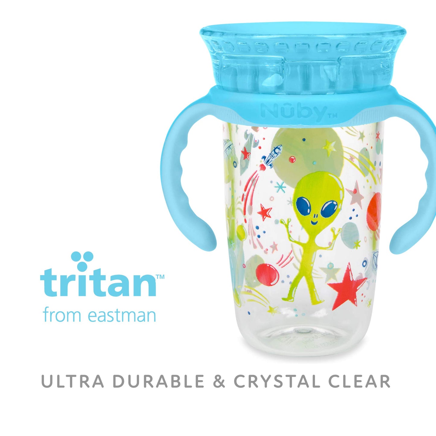 Nuby 360 Edge 2 Stage Drinking Rim Cup With Removable Handles & Hygienic Cover: 10 Oz/ 300 Ml 12M+ Space Aqua 80809