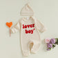 Ktwharnu Newborn Baby Boy Valentines Day Outfit Letter Embroidery Waffle Knit Romper Jumpsuit Long Sleeve Knit Bodysuit Hat (A-A