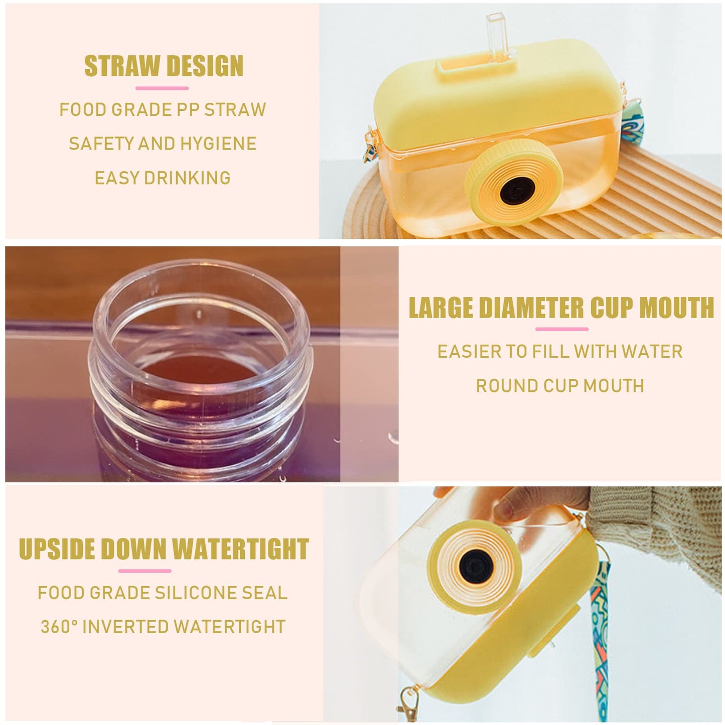 Orijoyna 13 Oz Cute Water Bottle With Straw - Camera Shape Water Cup With Adjustable Shoulder Straps - Ideal Kawaii Gift For Sch
