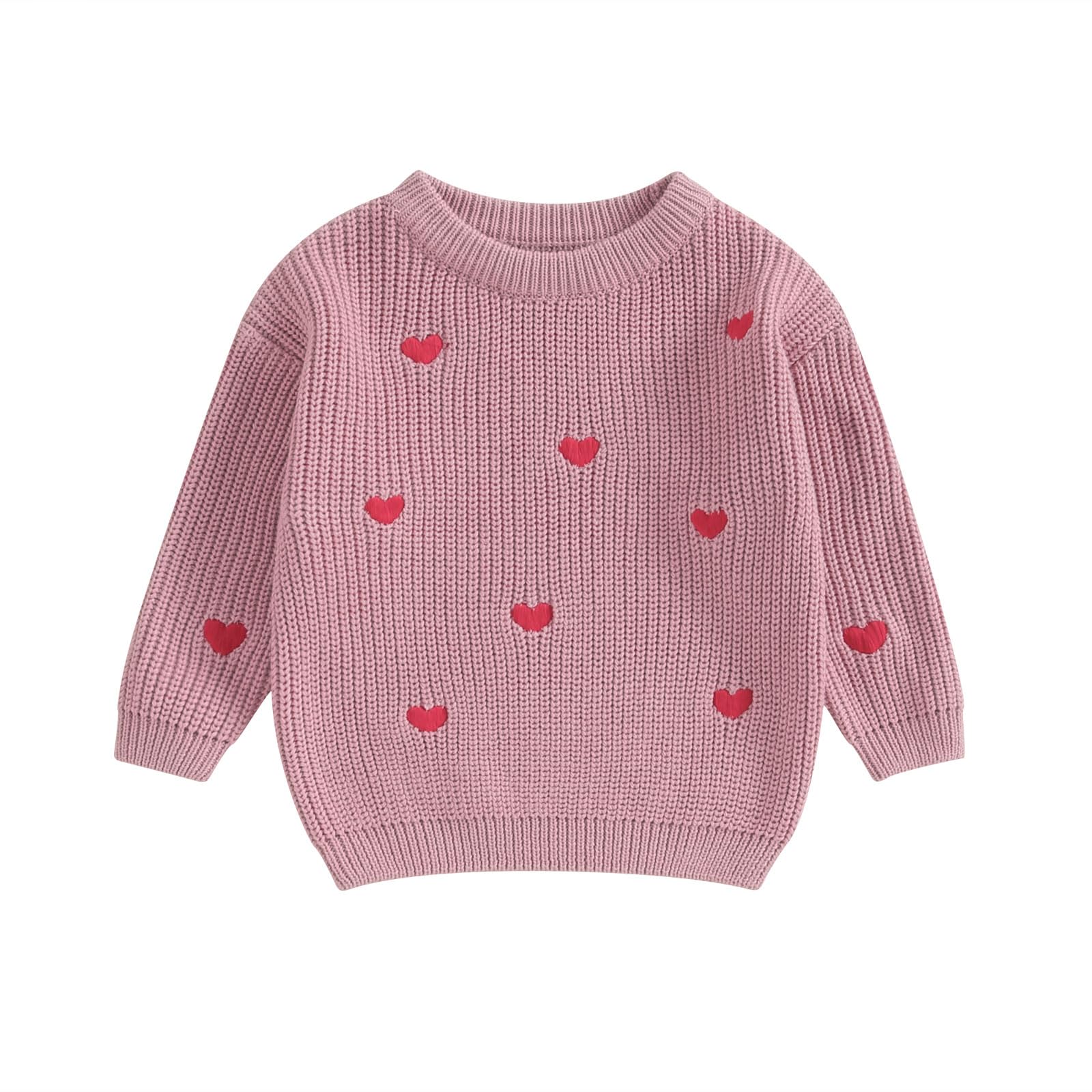 Baby Girl Cute Long Sleeve Crew Neck Love Embroidery Sweater Toddler Valentine Day Outfits (Rose Pink Heart, 0-3 Months)