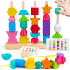 Montessori Wooden Beads Sequencing Toy Set, Stacking Blocks & Lacing Beads & Matching Shape Stacker for 2 3 4 5 Year Old STEM Pr