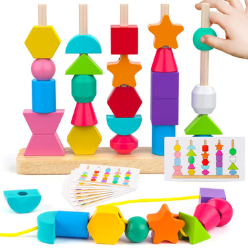 Montessori Wooden Beads Sequencing Toy Set, Stacking Blocks & Lacing Beads & Matching Shape Stacker for 2 3 4 5 Year Old STEM Pr