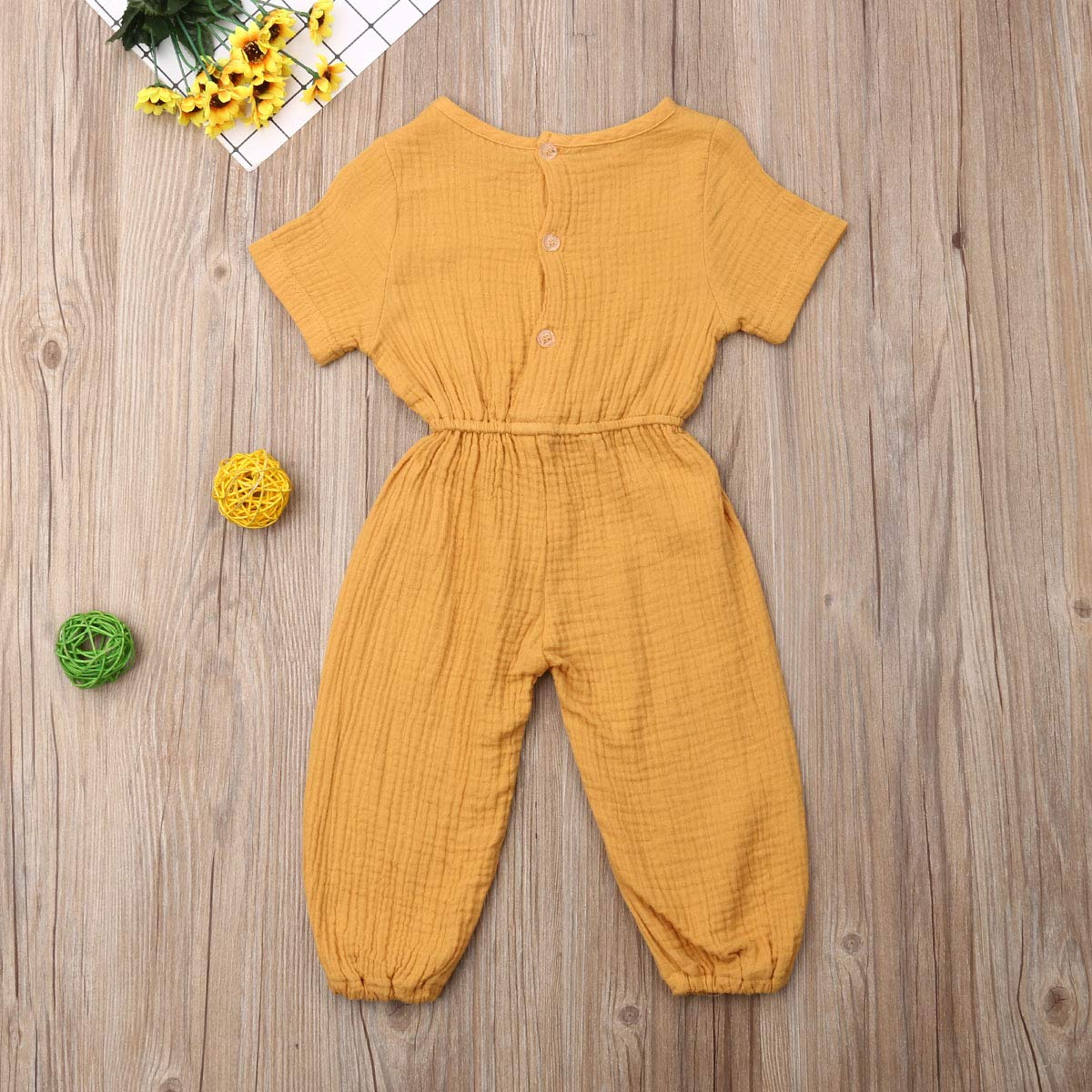 Toddler Baby Girl Summer Fall Basic Plain Short Sleeve Cotton Linen Drawstring Romper Jumpsuit (Mustard Yellow, 3-4T)