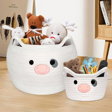 Baby Basket Toy Storage 2 Pack, Cow Woven Cotton Rope Storage Basket, Cute Toy Basket With Handle, Laundry Basket Organizer For