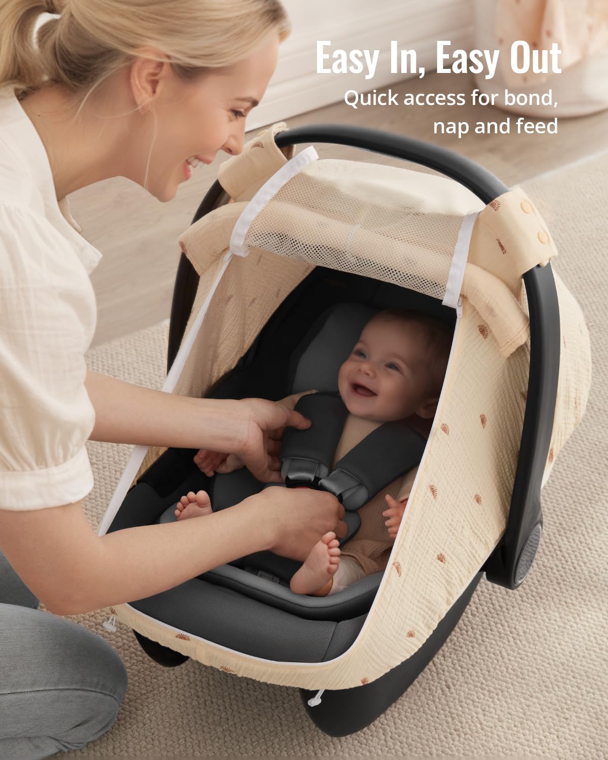 Blissful Diary Baby Car Seat Cover, Extra Large Mesh Window, Breathable Muslin Cotton, Infant Windproof Canopy - Rainbow