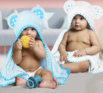 Elsvin Set Of 2 Hooded Baby Towels - White And Blue - Luxurious, Large And Super Absorbent - 30 X 30 Inch - Soft And Suitable Fo