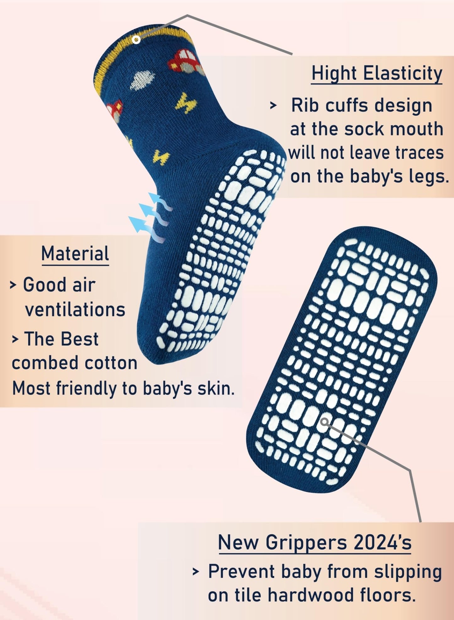 Rative Non Skid Anti Slip Slipper Cotton Crew Socks With Grips For Baby Toddlers Kids Boys (6-12 Months,6-Pairs/Rb-712)