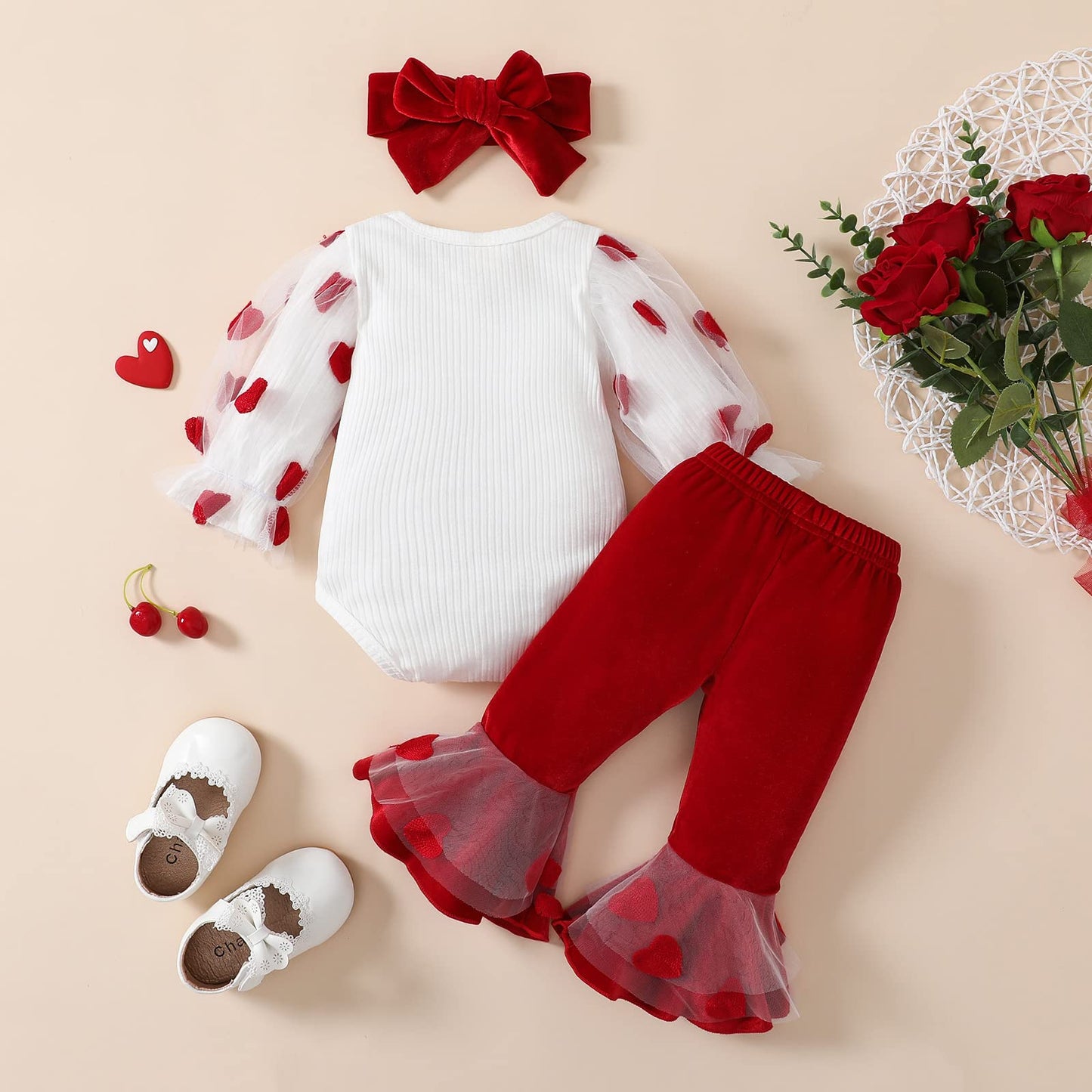 My First Valentines Day Toddler Baby Girl Outfit Red Heart Long Sleeve Romper And Flare Pants Infant Clothes (A White My First V