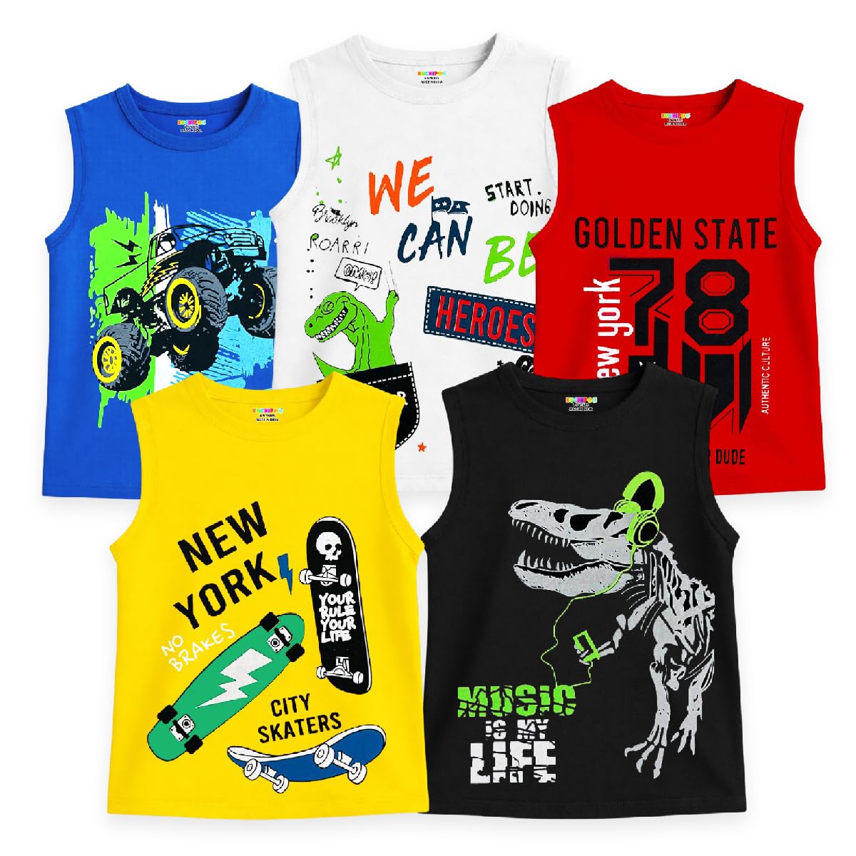 Kuchipoo Boys Regular Fit Sleeveless Cotton TShirts (KucTshrt551, 1218 Months, MultiColored)