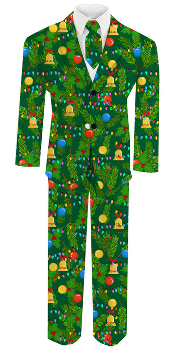 Kids Green Tuxedo Suit Slim Fit For Christmas Wedding Party Birthday Funny Christmas Bell Print Gentleman Blazer Set With Tie Pa