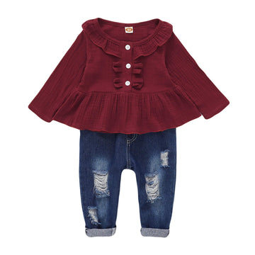 18 Months Girl Clothes 2T Toddler Baby Girl Outfits Ruffle Sleeve Top Blue Ripped Denim Jeans Boutique Baby Girl Clothes 18-24 M