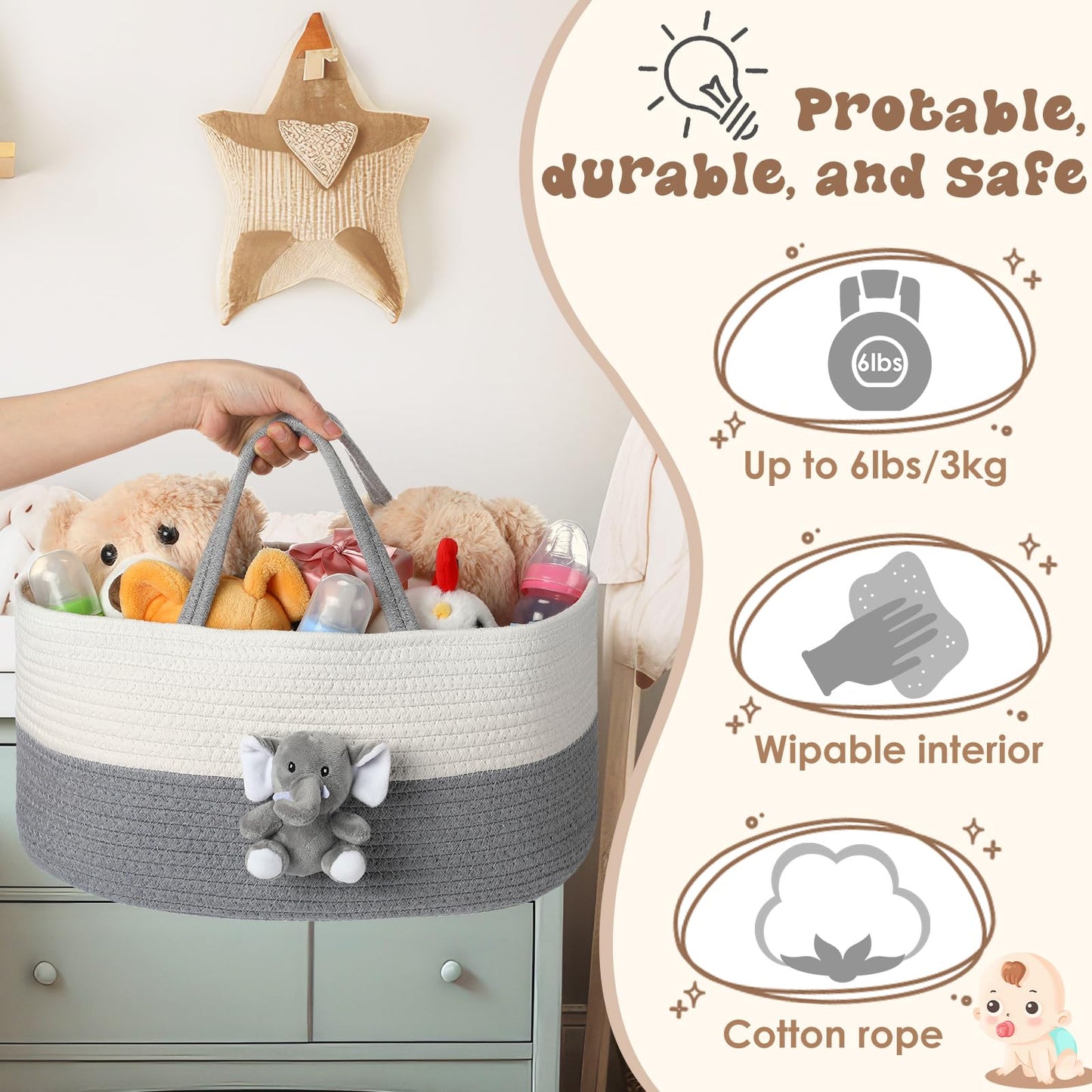 Foldtier Elephant Diaper Caddy Organizer Cart Storage For Nursery With Handle Baby Shower Basket Gift Baby Bath Caddy For Diaper