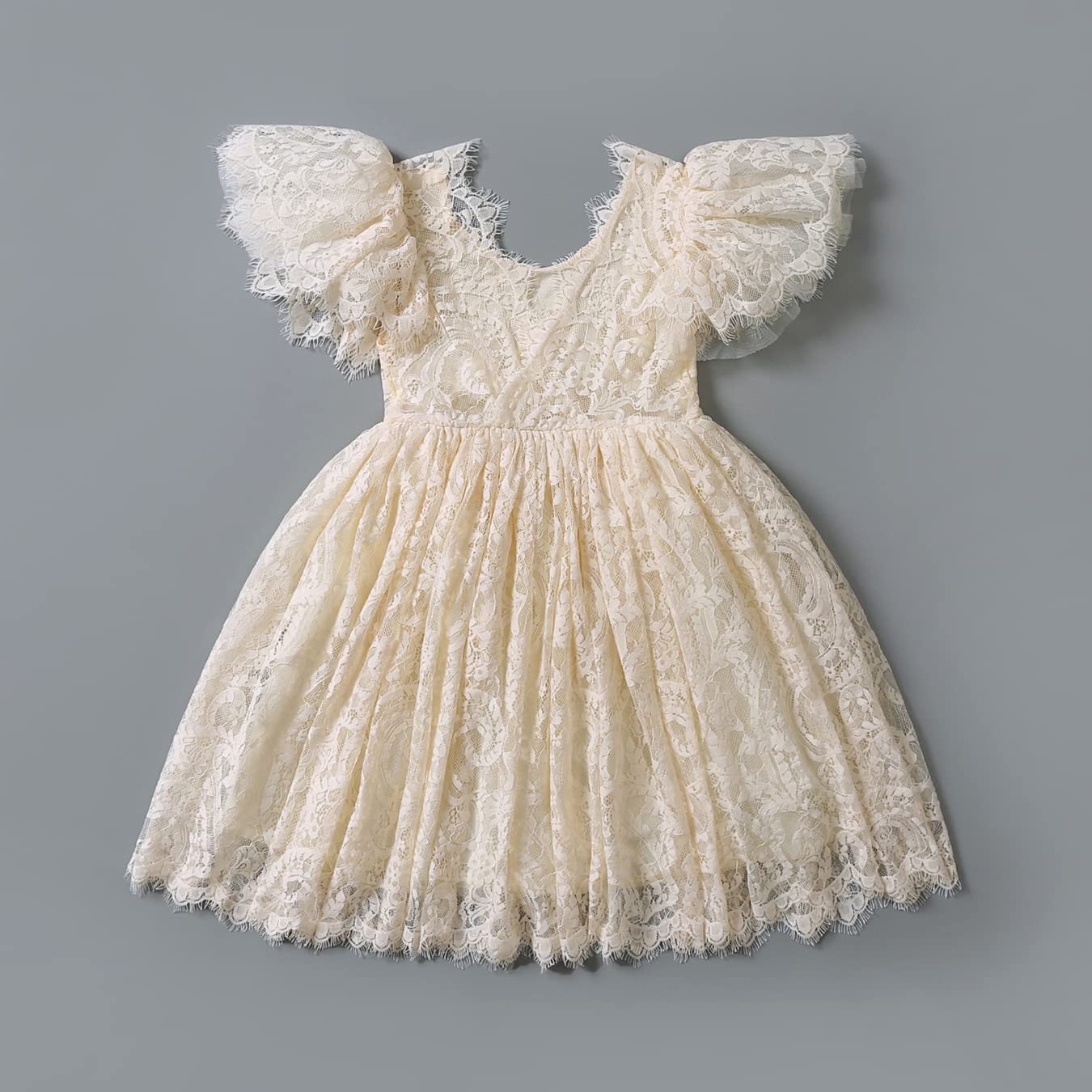 2Bunnies Girl Paisley Lace Back A-Line Tutu Tulle Party Flower Girl Dress (All Lace Flutter Sleeve Knee-Ivory, 9/10)