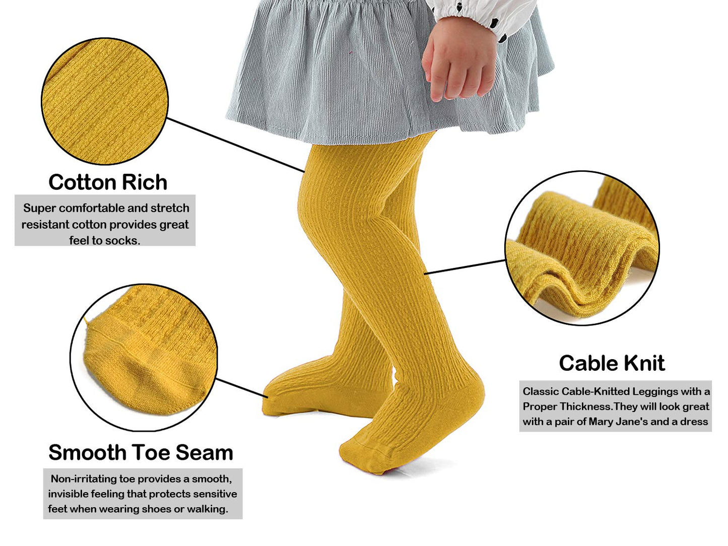 Epeius Baby Tights Little Girls Cable Knit Tights Solid Cotton Stockings Seamless Footed Leggings Pantyhose 4-6 Years (Pack Of 5