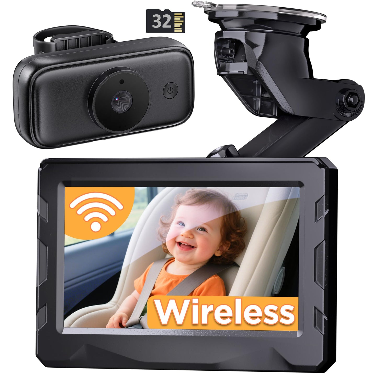 NUOTUN Wireless Baby Car Camera - 40Hrs Battery Life& 940mn Night Vision, 4.3 HD Car Baby Monitor 1080P Video, 32GB Card Inclu
