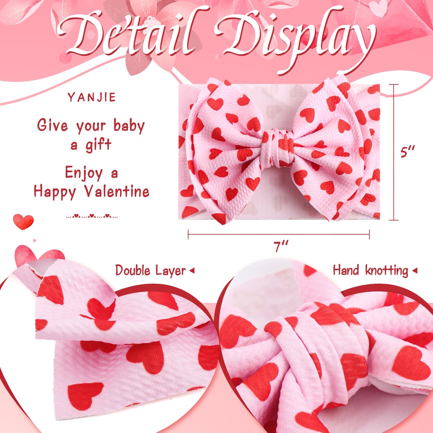 Yanjie Baby Headband Bow Large Hair Bows Red Headband Wide Newborn Bows Pink Heart Handmade Hairbands Hair Accessories Gift Infa