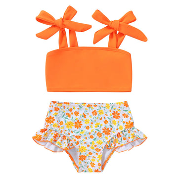 Younger Tree Toddler Girls Two Pieces Swimsuit Color Block Stripe Swimwear Summer Beach Bathing Suit 18M-5T(Yellow#Flower 4-5T)