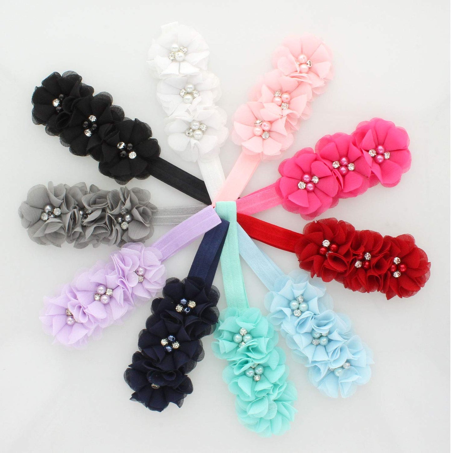 My Lello Girls Flower Headbands Fabric Beaded Trio Stretchy Elastic Variety Pack Classic Popular Colors 10 Pcs