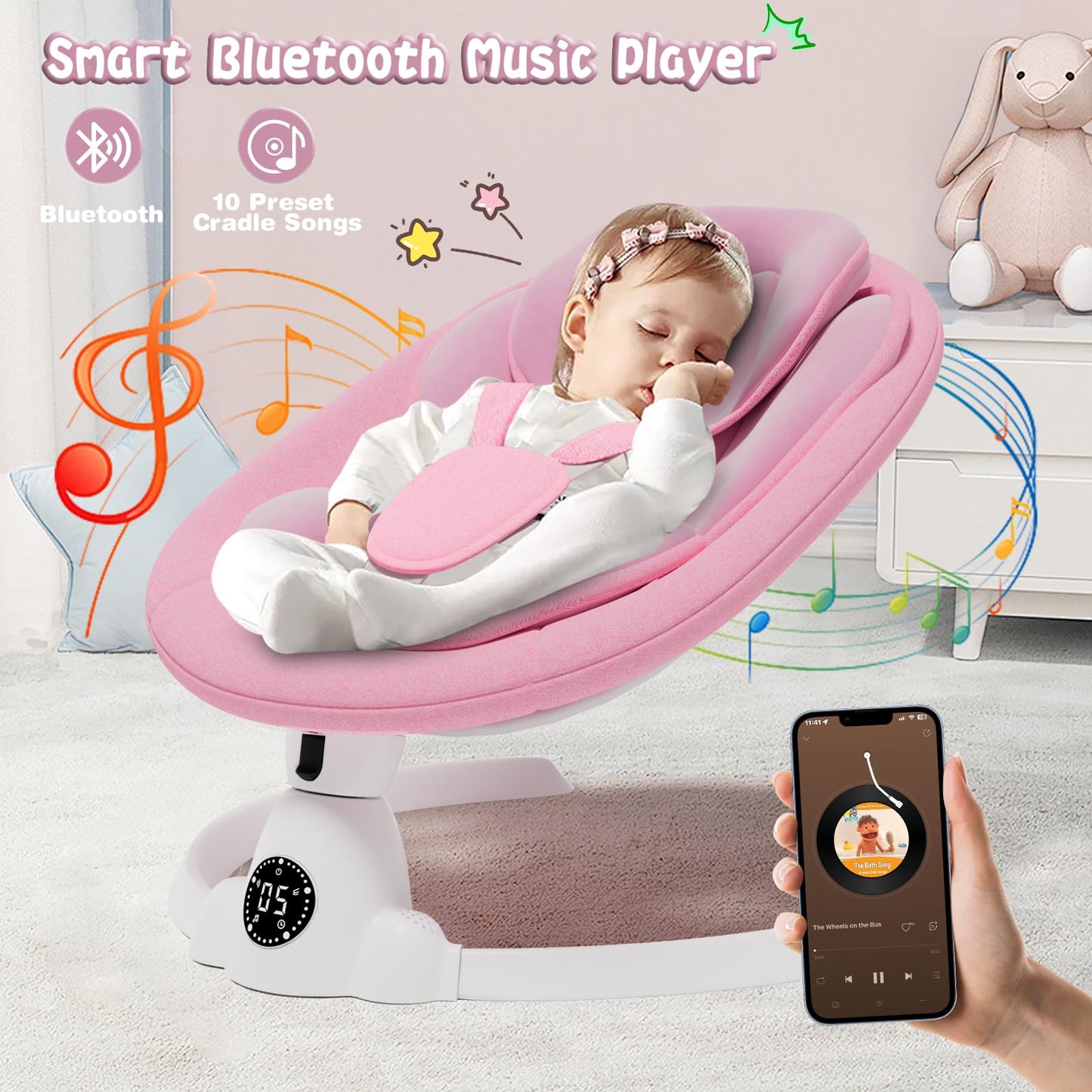 Electric Baby Swings For Infants To Toddler Baby Swing With Remote Control & Bluetooth Music 10-Preset Melodies (Pink)