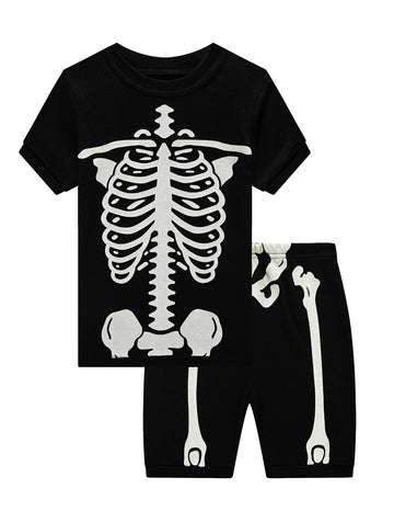 Family Feeling Baby Boys Girls Pajamas Glow In The Dark Skeleton Halloween Short Sleeve Cotton Summer Jammies Toddler Kid Pjs Si