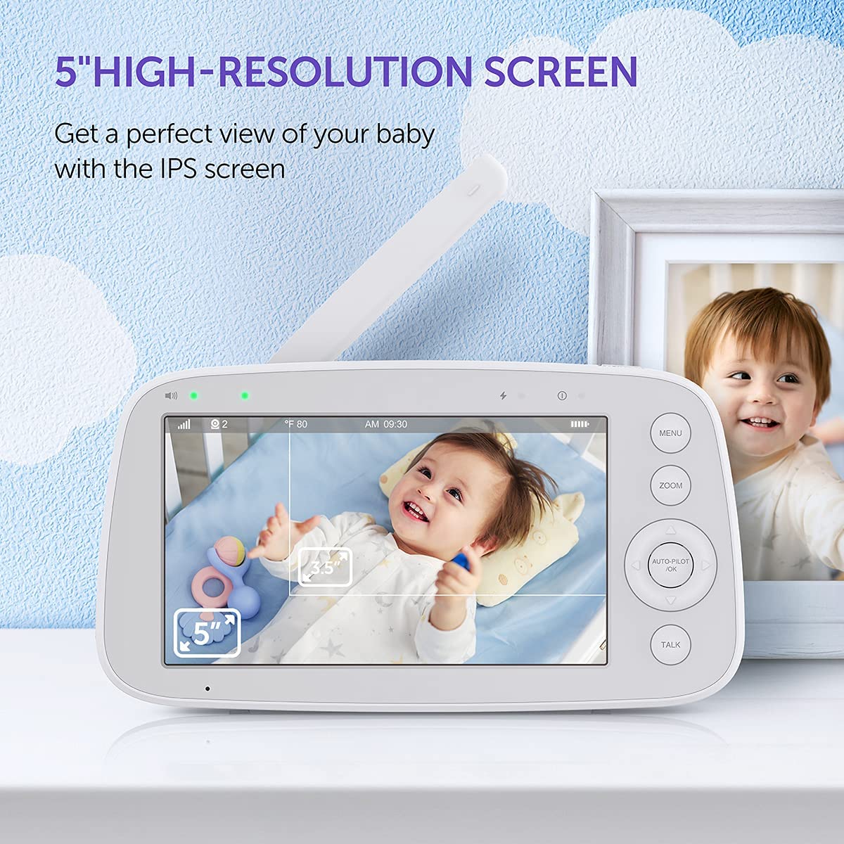 Hipp Baby Monitor, 5' 720P Video Baby Monitor With Pan-Tilt-Zoom Camera, Audio And Visual Monitoring, Infrared Night Vision And