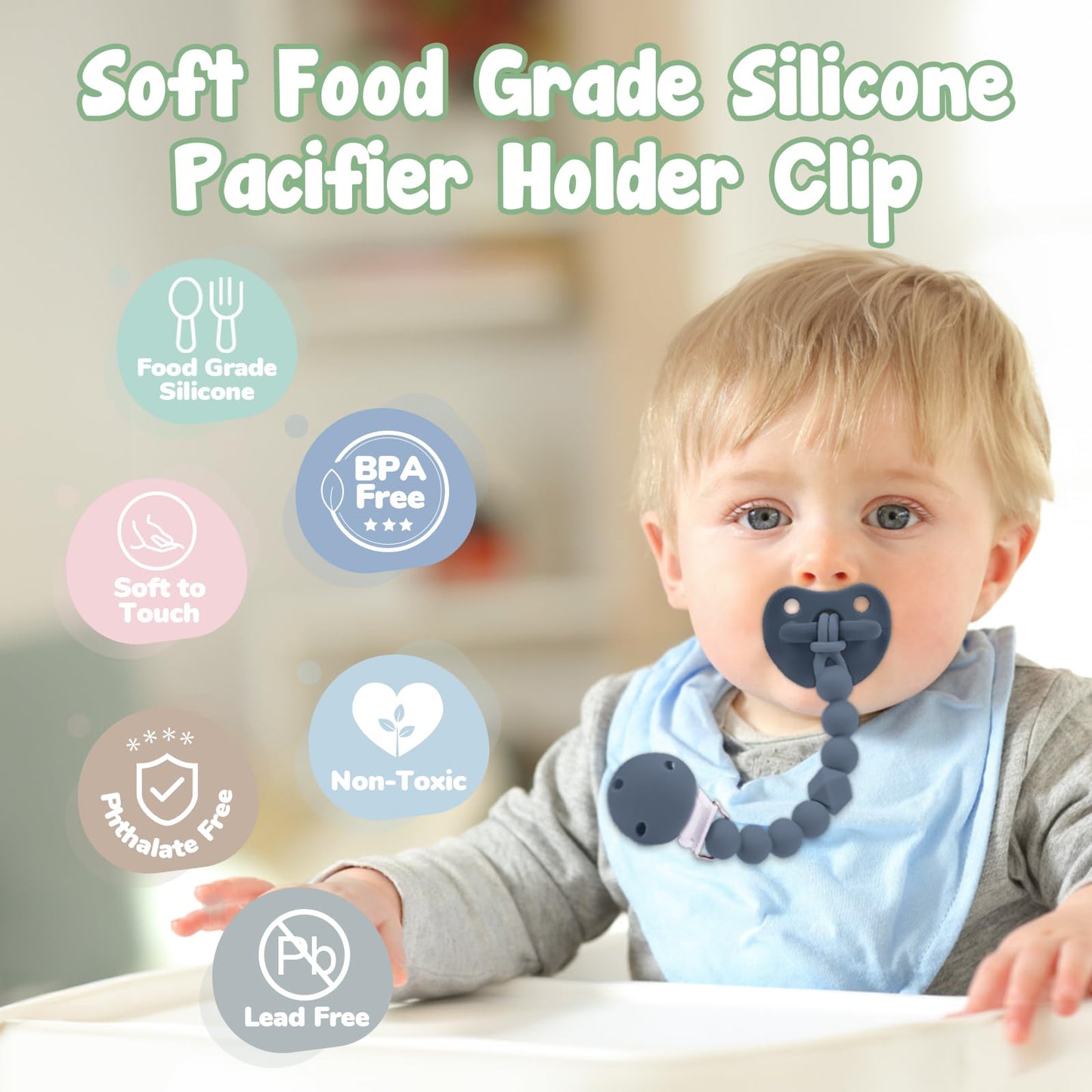 Tyry.Hu Silicone Pacifier Holder Clip With One Piece Beads For Boys And Girls, Soft Flexible Rust-Free Binky Clips With Texture,