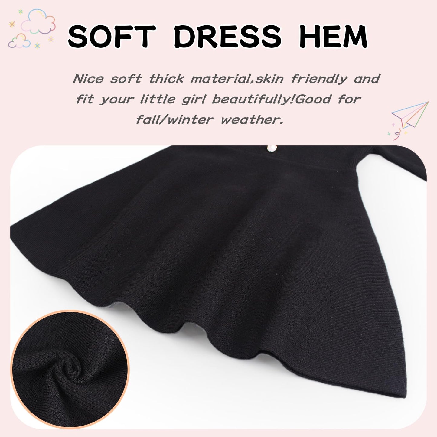 Peecabe Ruffles Toddler Girls Sweater Dress Soft Warm Long Sleeve V-Neck 2-6T Knitted Dress For Fall Winter (Black, 3T)