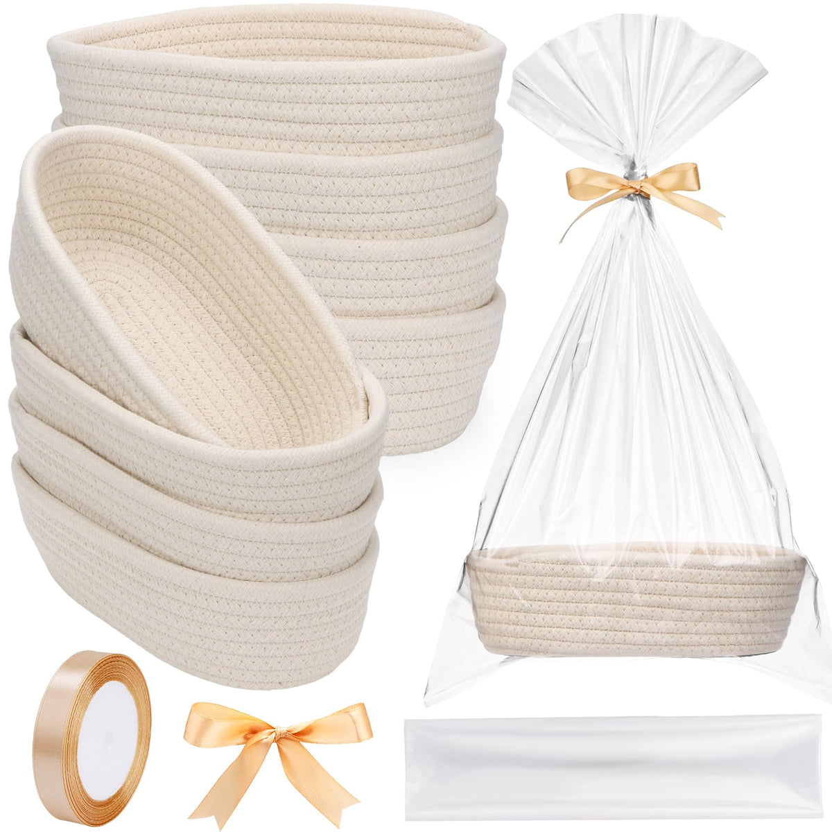 8 Pack Small Storage Basket with Gift Bag and Ribbon Oval Natural Cotton Rope Woven Basket Boho Decorative Storage Bin Gift Bask