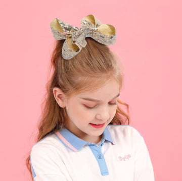 Amydecor 6 Inch Gold Sparkly Glitter Sequin Hair Bows For Girls Toddlers Kids Children Teenage (2Pcs)