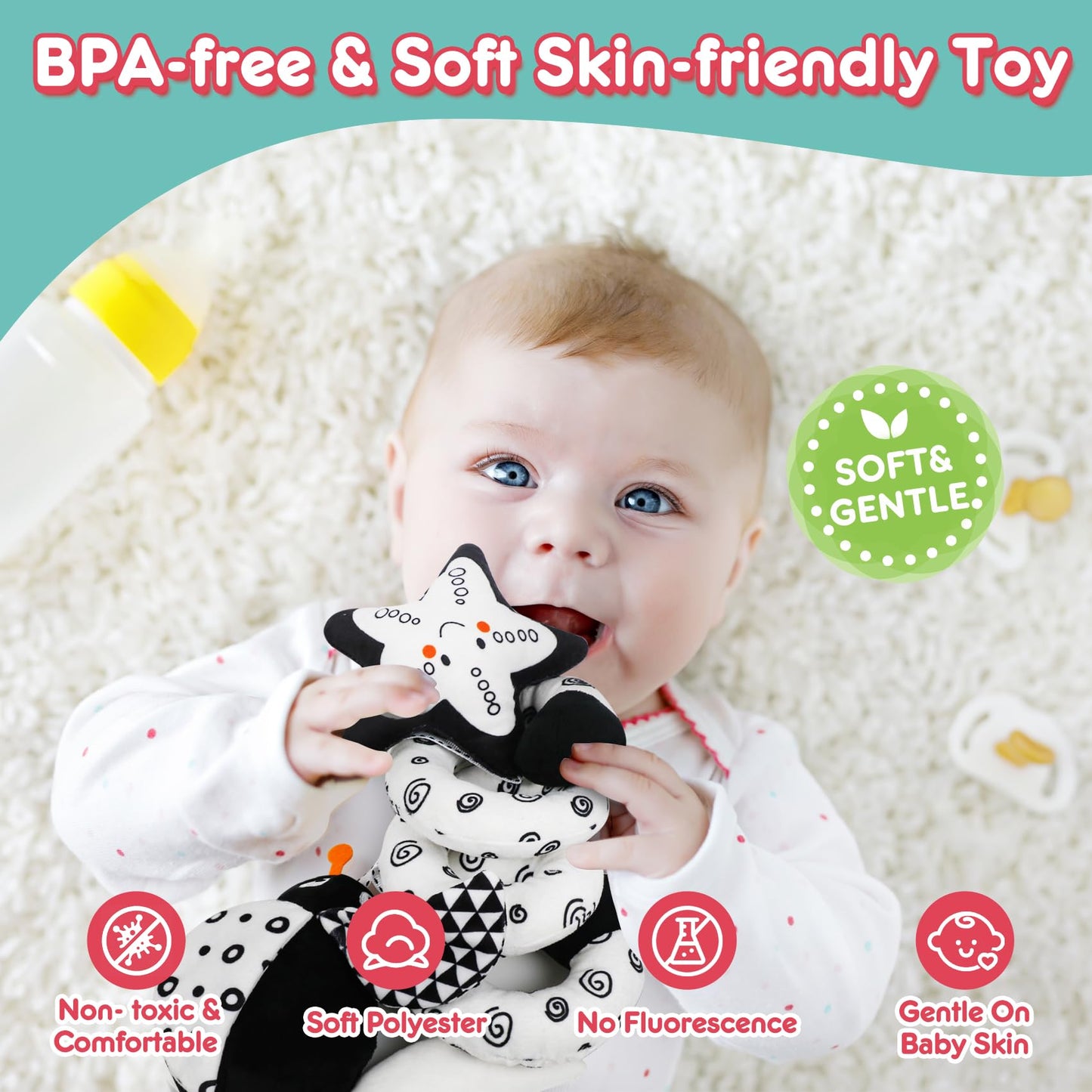 GKDOMS Baby Spiral Hanging Stroller and Car Seat Toys Black and White High Contrast Sensory Toy Newborn Plush Activity Toys Than