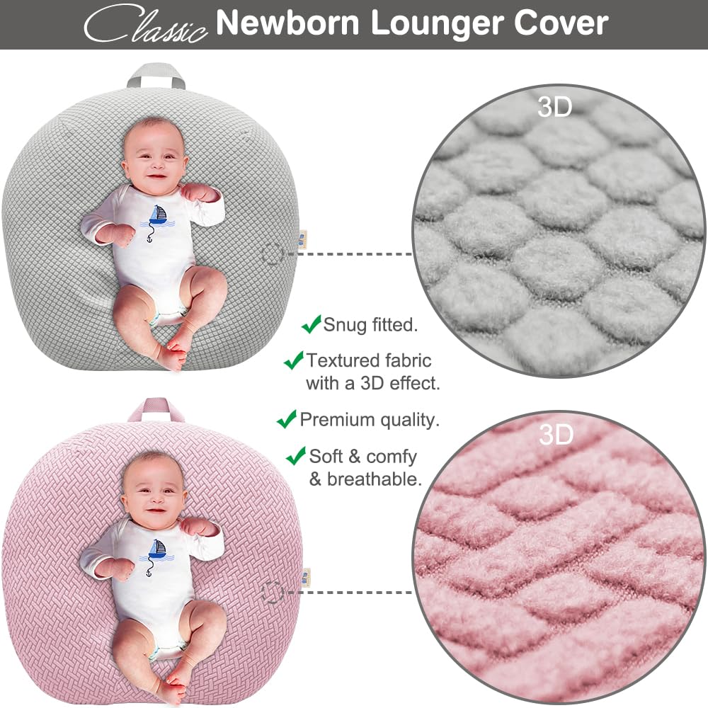 Strechy Newborn Lounger Cover, Removable And Ultra Soft Sung Fitted Baby Lounger Slipcover By Bluesnail (2 Pack, Pink+Light Gray
