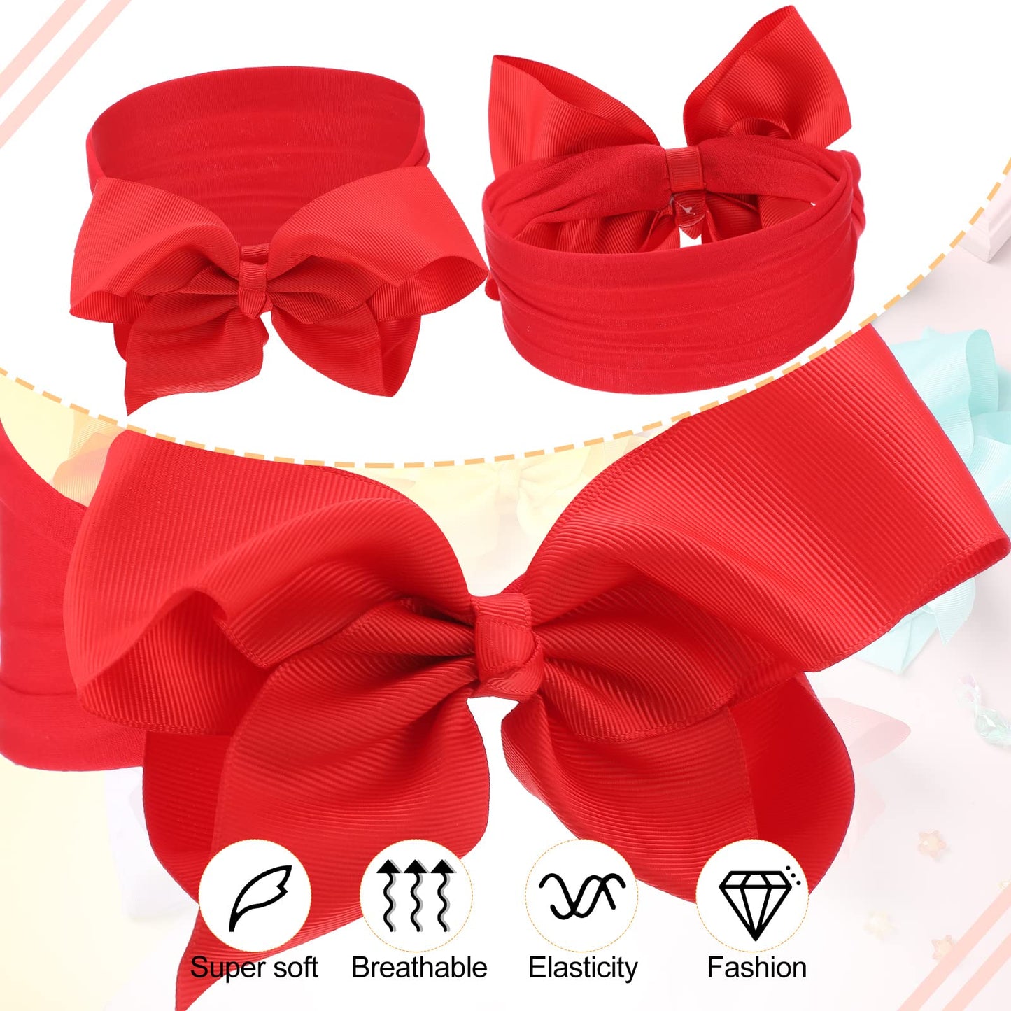 Hoteam 50 Pcs Baby Girls Large Bows Headbands 6.3 Inch Soft Wide Turban Baby Headbands Elastic Nylon Hairbands Hair Accessories