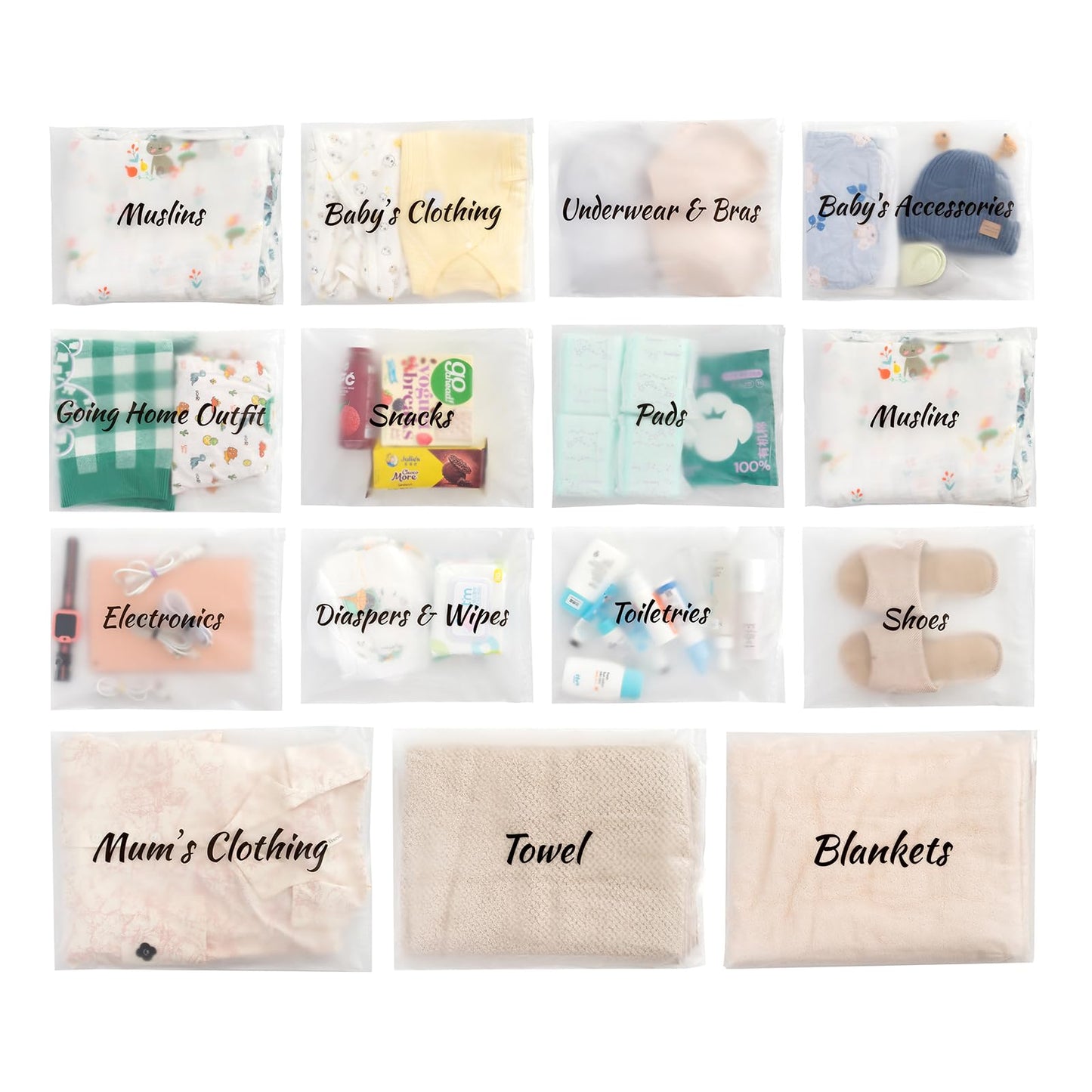 MANWU 14pcs Hospital Bags essentials for Labor and Diaper,Mom hospital bags Maternity Essentials,Maternity Organiser baggie,show