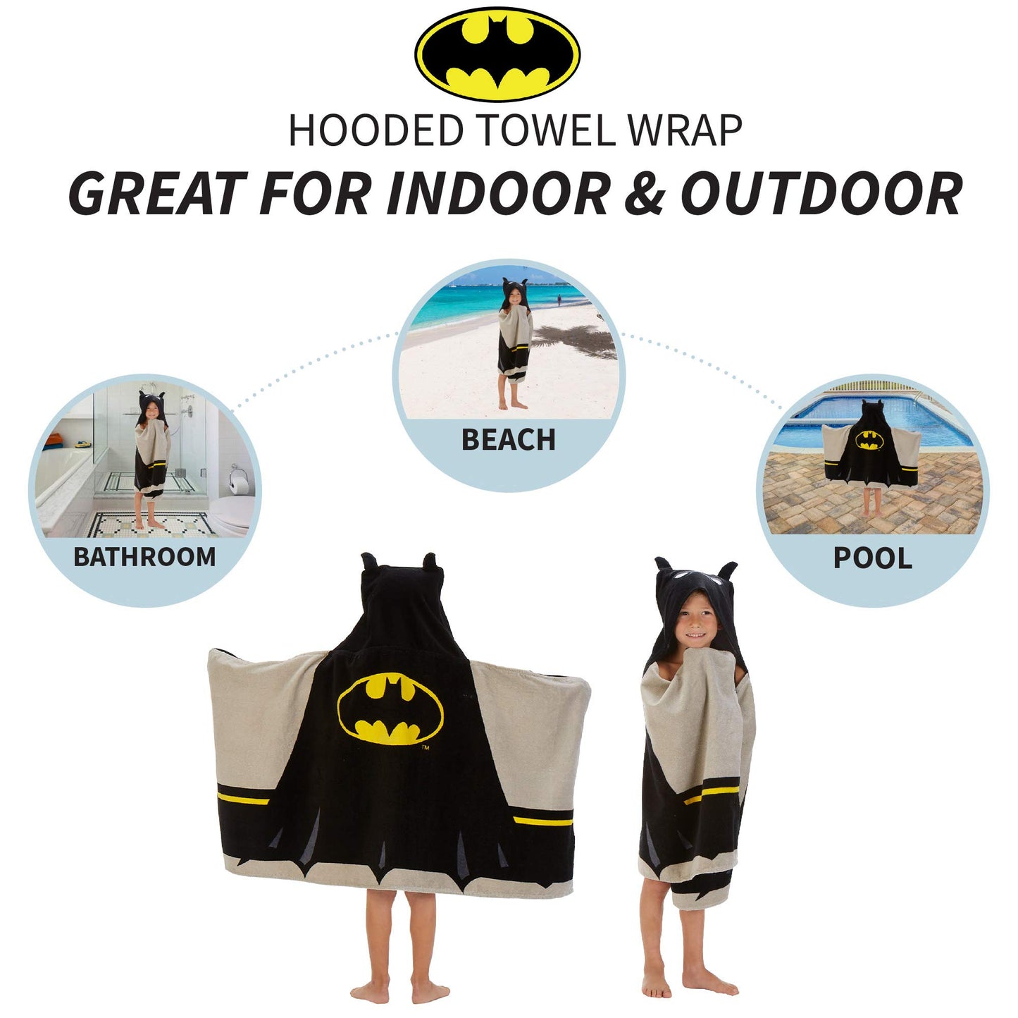 Batman Kids Bath/Pool/Beach Super Soft Cotton Terry Hooded Towel Wrap, 24' X 50', By Franco