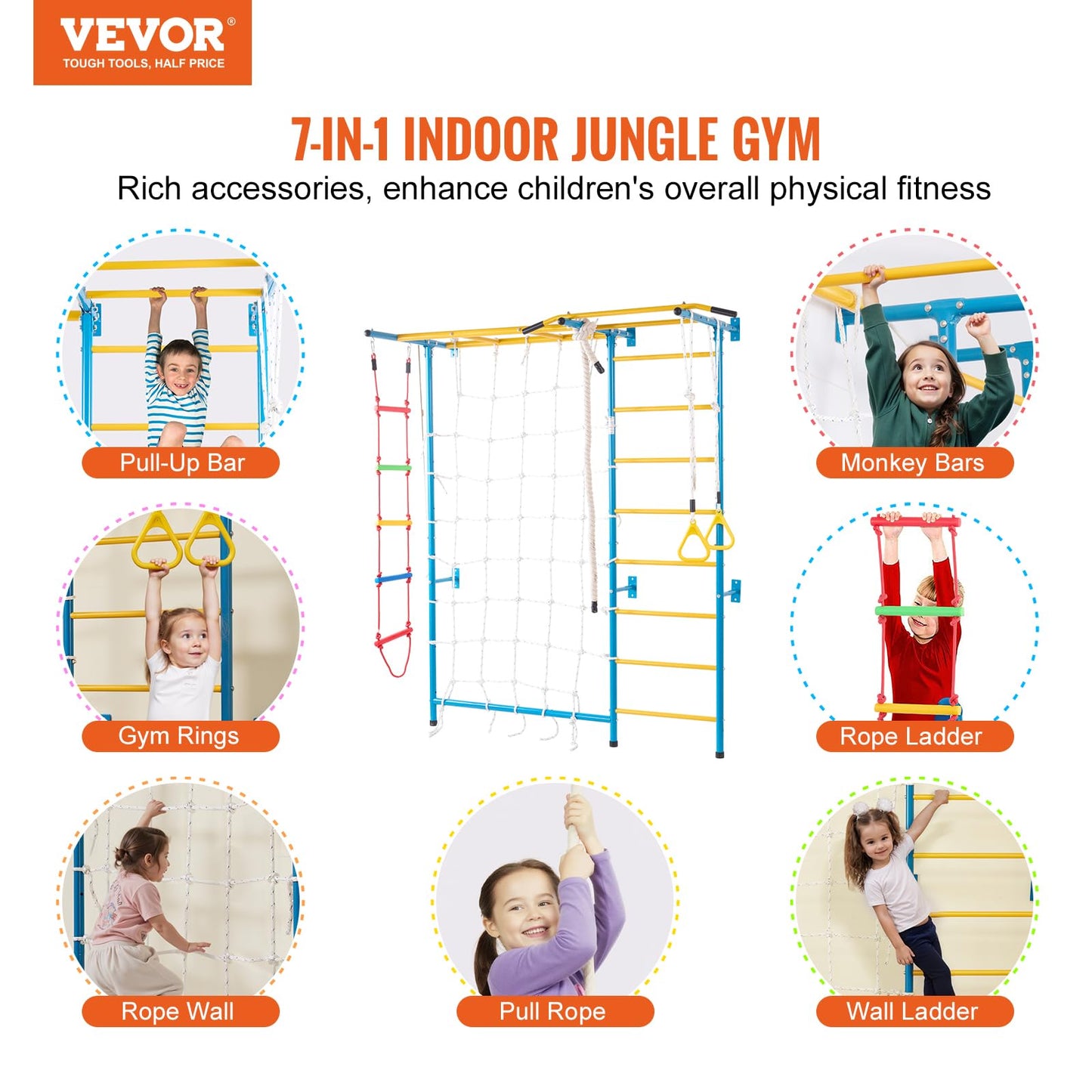 Vevor Indoor Jungle Gym For Toddlers, 7-In-1 Climbing Playset With Carbon Steel Swedish Ladder, Wall Ladder, Pull-Up Bar, Rope L