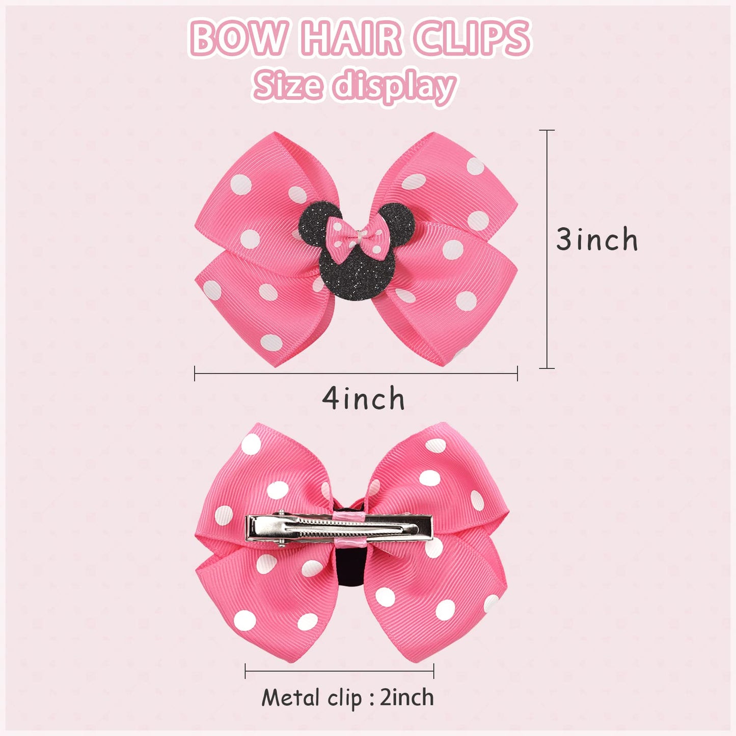 Ayesha Mouse Ears Hair Clips, 4Pcs Grosgrain Ribbon Mouse Bow Hair Clips, Polka Dot Bows For Girls, Hair Accessories For Baby Gi