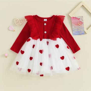 Toddler Baby Girl Valentines Day Outfit Knitted Ruffle Long Sleeve Dress Heart Tulle Tutu Skirt Dresses Spring Fall Clothes (Red