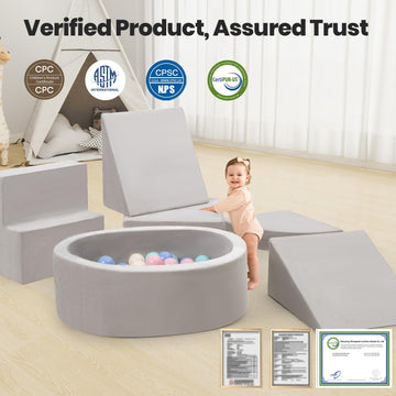Rinnebbit 7-Piece Foam Climbing Blocks For Toddlers, Baby Climb And Crawl Soft Play Set With Ball Pit, Machine Washable Cover, I