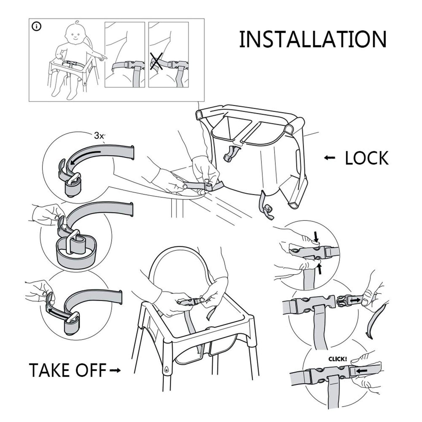 Zarpma High Chair Straps, 3 Point Harness Straps Belt For Child Kid Chair Strap For Ikea Antilop High Chair (Grey)