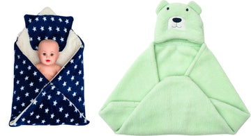 CTMKIDS Baby Wrap with Cushion Cap for Kids 74x84 cm  Navy Blue & Baby Hooded Cum Wrap Blanket for Kids 92x66 cm  Sea Green