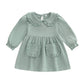 VISGOGO Toddler Baby Girl Dress Linen Long Sleeve Solid Color Girls 12 18M 2T 3T 4T 5T Dresses with Pocket for Fall Spring (Gree
